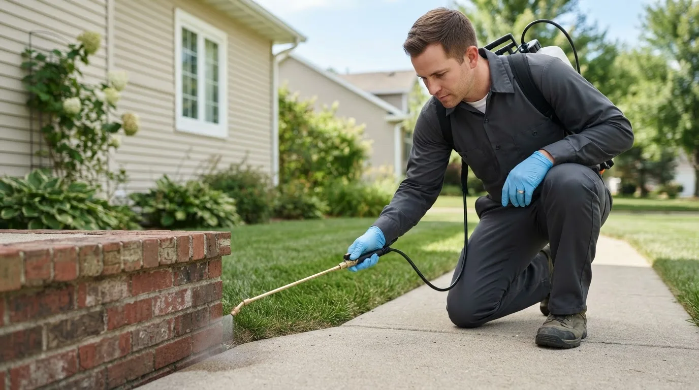 Pest control technician treating a home near Mcloud, OK