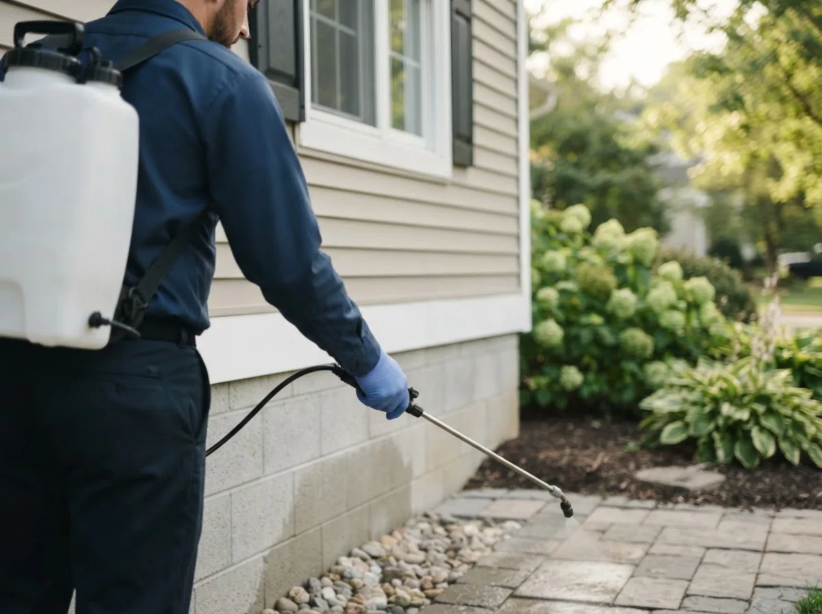 Pest control technician inspecting a home in Mcloud, OK